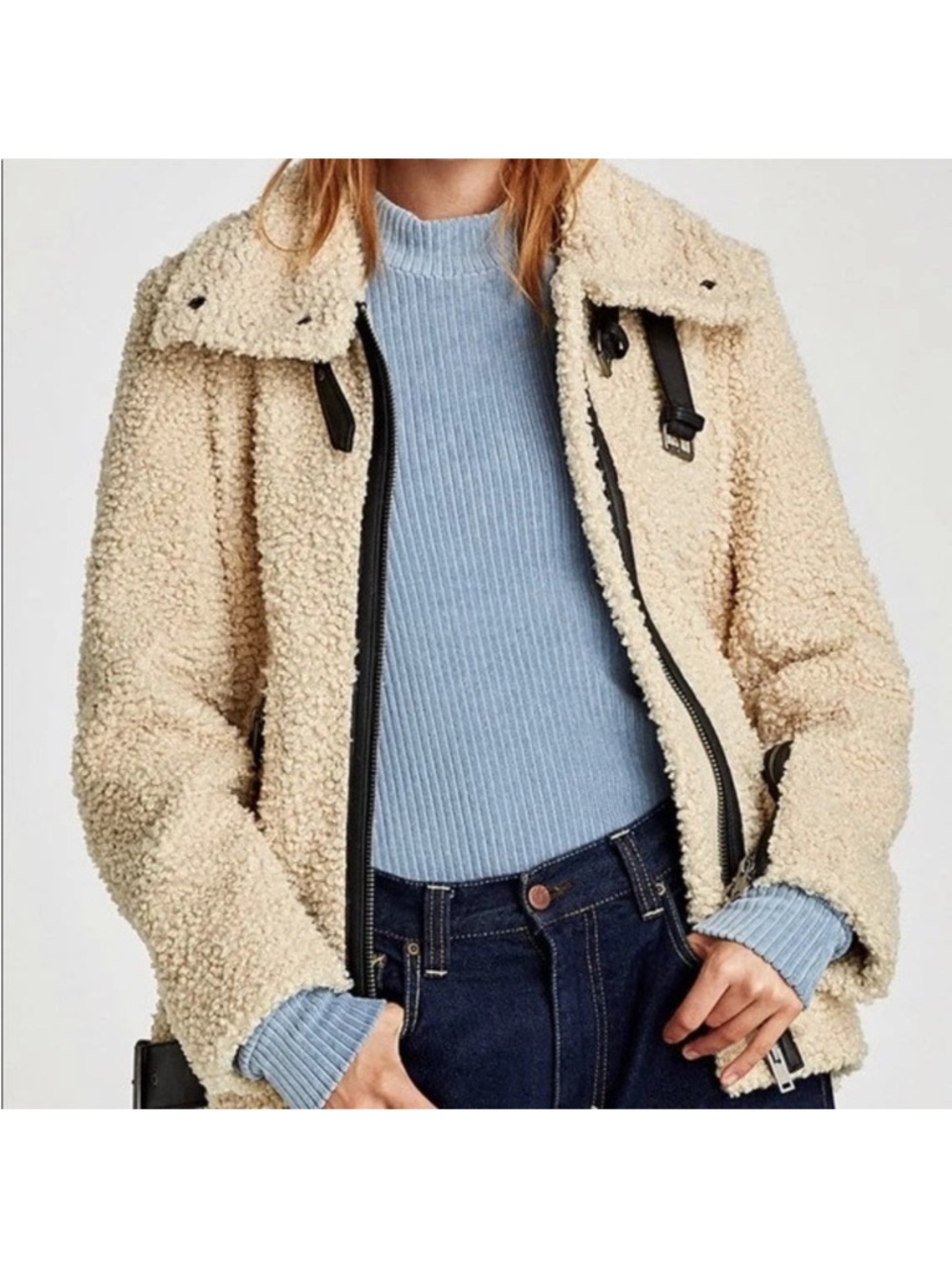 ZARA Shearling Faux Fur Teddy Aviator Moto Jacket Coat High Collar LIKE NEW - Picture 9 of 16